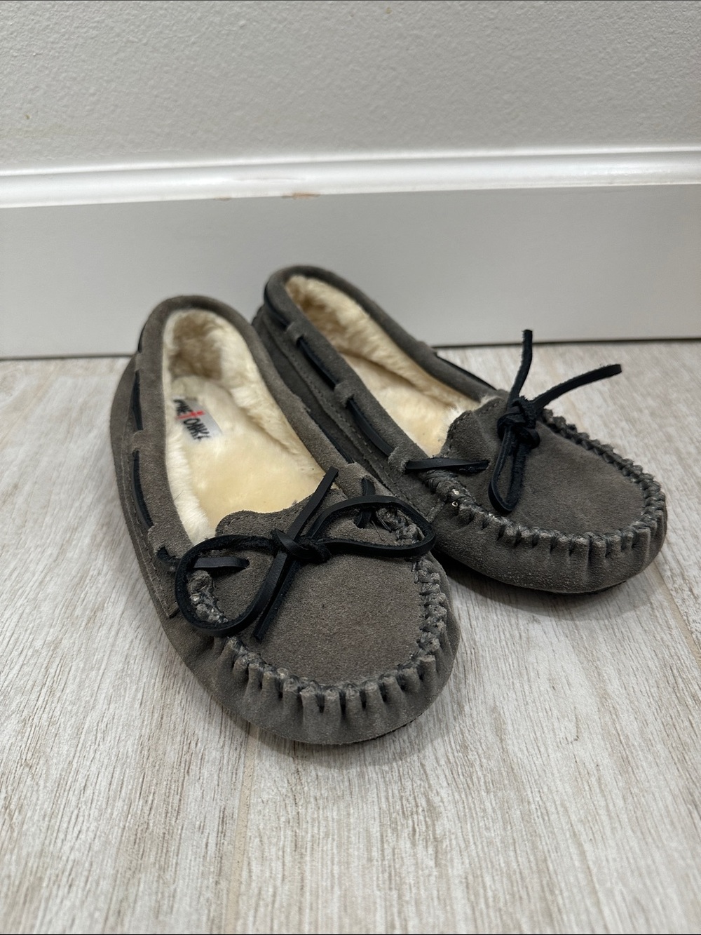 Minnetonka Kids Gray Suede Moccasin Slippers with Faux Shearling